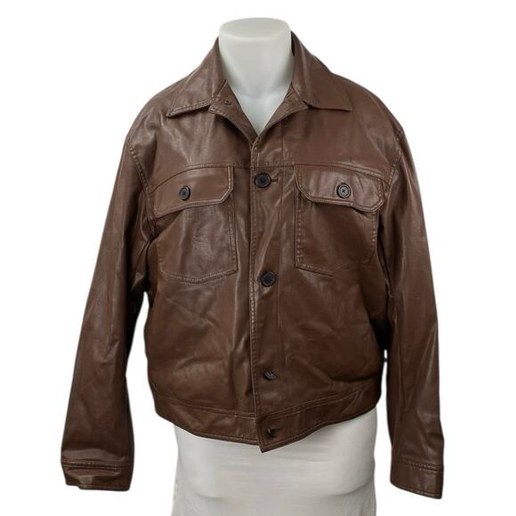 H&M Women's Faux Vegan Leather Collar Long Sleeve Button Down Coat Jacket Top XL - Picture 1 of 6